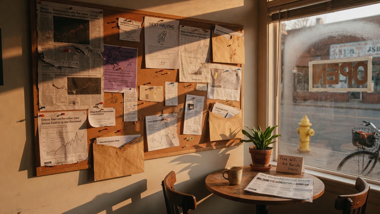 Sunlit cork board beside a neighborhood coffee window